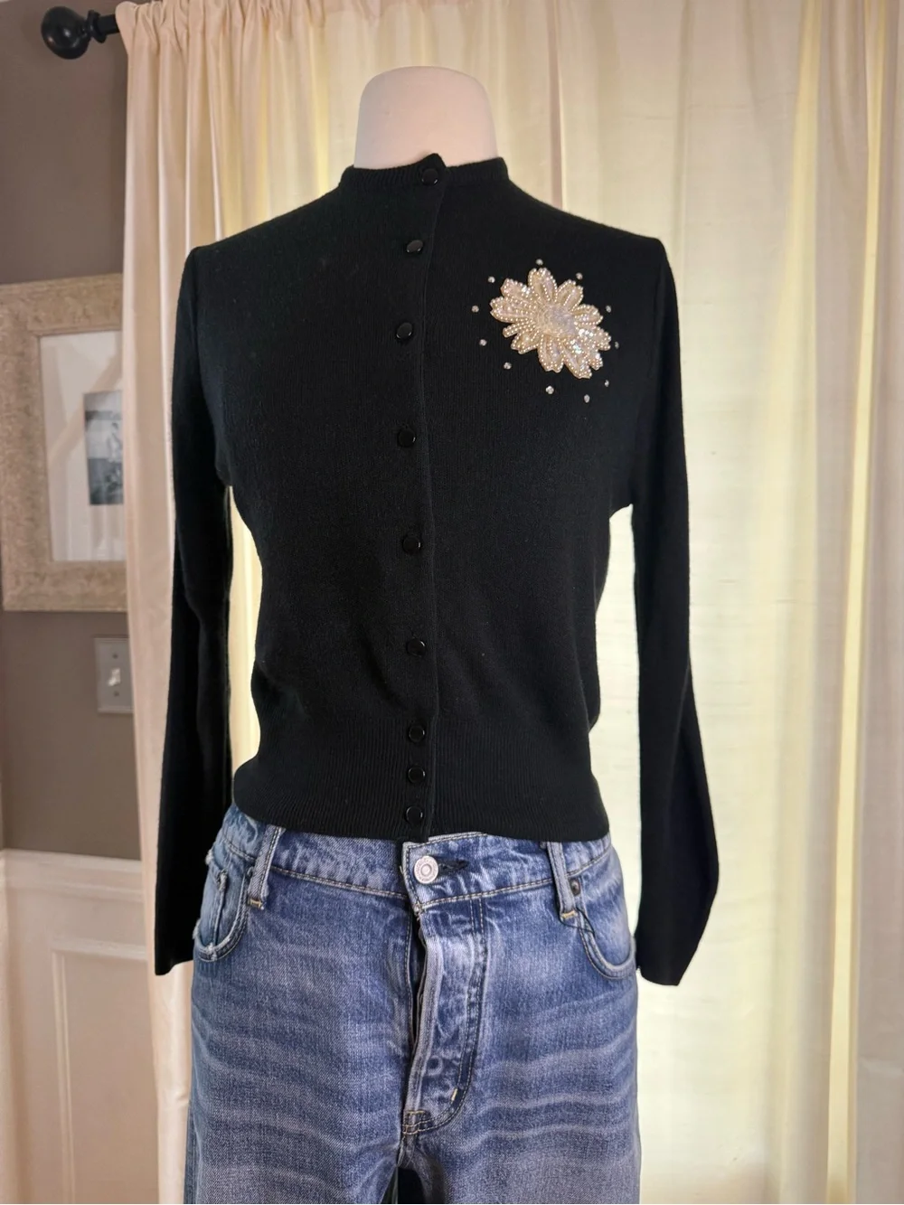 Vintage 1960s Black Women's Cardigan with Pearl and Sequin Floral Appliqué-S
